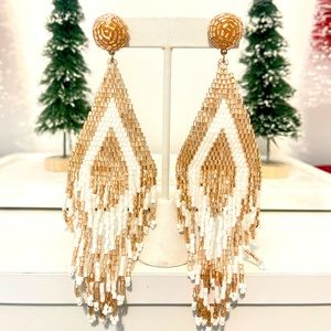 NEW/ Free People, Gold & White Beaded Fringe Earrings